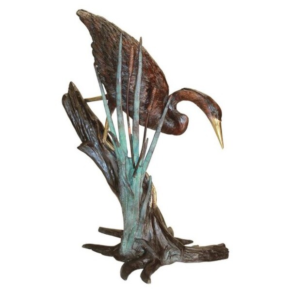 Fishing Heron in Reeds Cast Bronze Garden Statue piped for fountain use